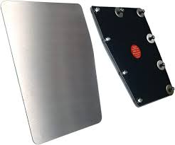 close up image of 2 security plates showing both sides of the plate, unmounted to vehicle.